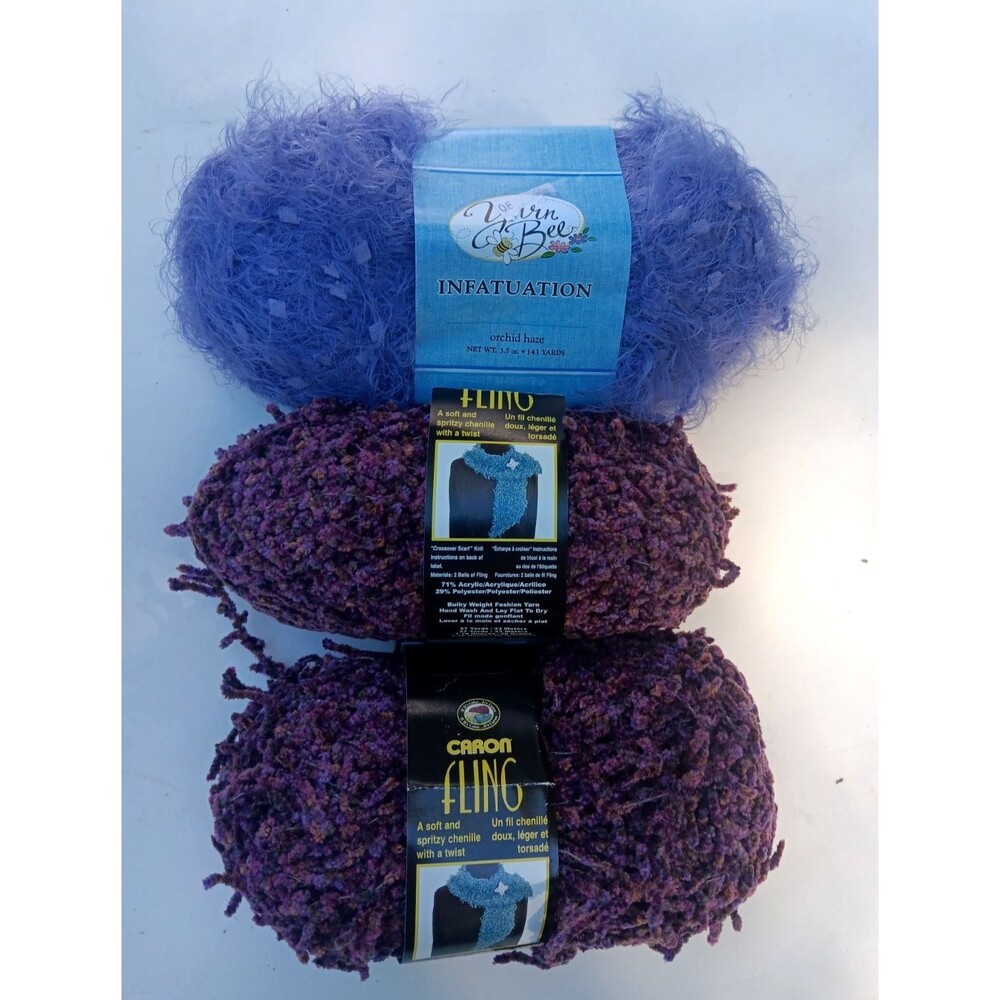 Caron Fling Chenille Yarn Lot 3 Morning Glory &Yarn Bee Infatuation Orchid Haze